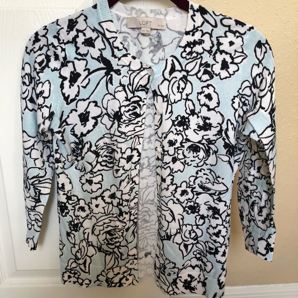 LOFT xxsp blue, black and white floral cardigan